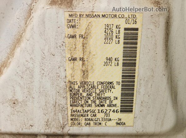 1N4AL3AP5GC162746 2016 NISSAN ALTIMA White Widok naklejki z numerem VIN