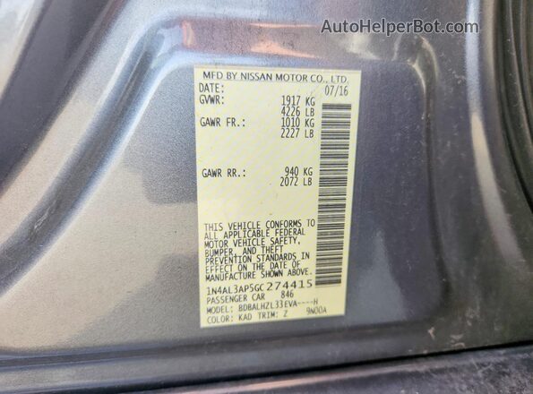 1N4AL3AP5GC274415 2016 NISSAN ALTIMA Gray Вид підкапотного простору