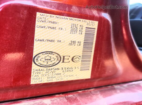 1N4AL3AP5HN356635 2017 NISSAN ALTIMA Red Vista del compartimento del motor