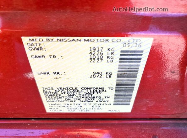 1N4AL3AP7GC227404 2016 NISSAN ALTIMA Burgundy Vista del compartimento del motor