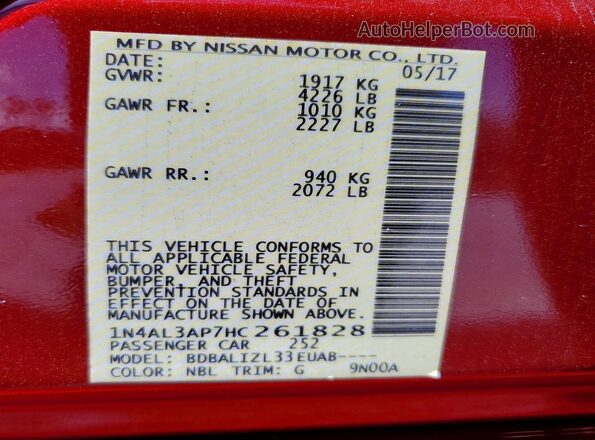 1N4AL3AP7HC261828 2017 NISSAN ALTIMA Красный Вид подкапотного пространства