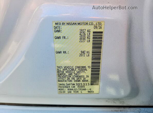 1N4AL3AP7HN305315 2017 NISSAN ALTIMA Белый Вид наклейки с VIN-кодом