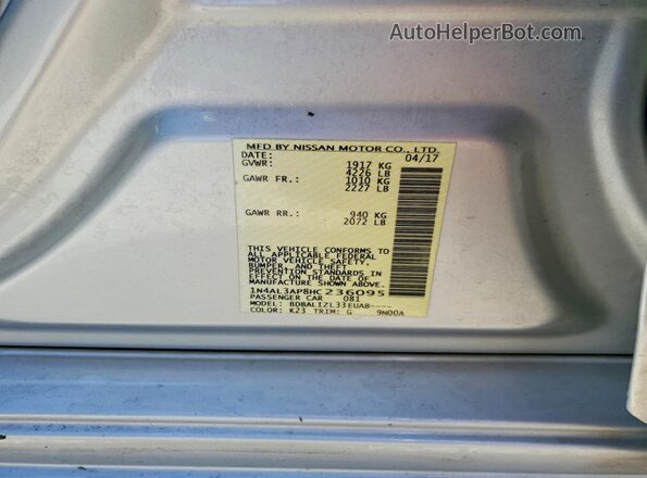 1N4AL3AP8HC236095 2017 NISSAN ALTIMA Silver VIN კოდის სტიკერის ხედი