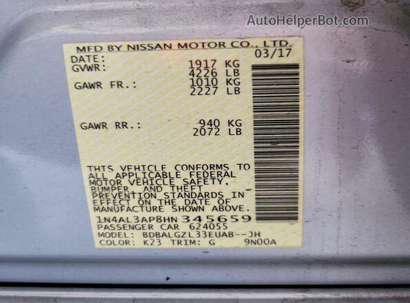 1N4AL3AP8HN345659 2017 NISSAN ALTIMA Серебряный Вид наклейки с VIN-кодом