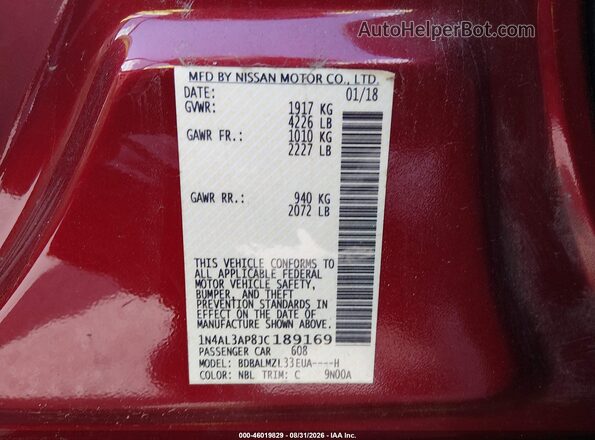 1N4AL3AP8JC189169 2018 NISSAN ALTIMA Red Engine compartment view