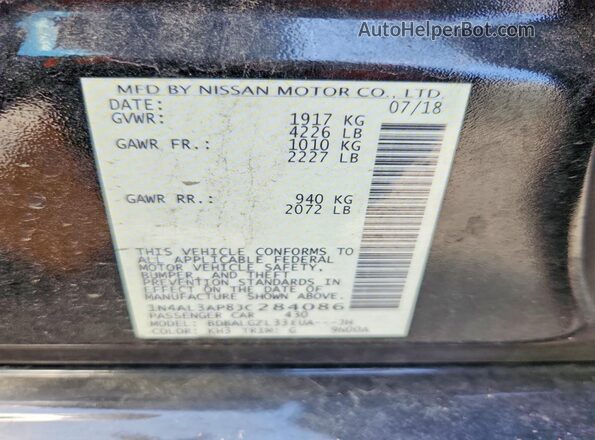 1N4AL3AP8JC284086 2018 NISSAN ALTIMA Black VIN კოდის სტიკერის ხედი