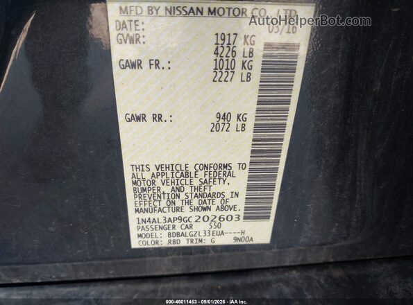 1N4AL3AP9GC202603 2016 NISSAN ALTIMA Черный Вид подкапотного пространства