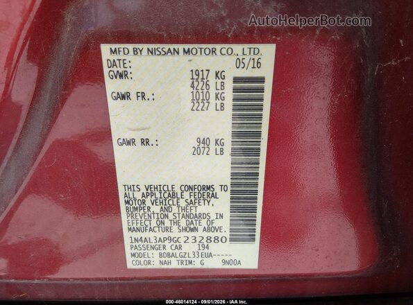 1N4AL3AP9GC232880 2016 NISSAN ALTIMA Red Vista del compartimento del motor