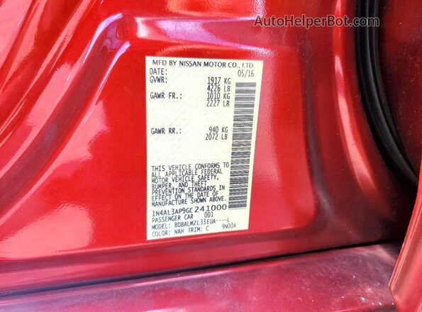 1N4AL3AP9GC241000 2016 NISSAN ALTIMA Red Вид підкапотного простору