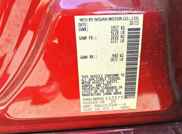 1N4AL3APXGC112571 2016 NISSAN ALTIMA Красный Вид подкапотного пространства