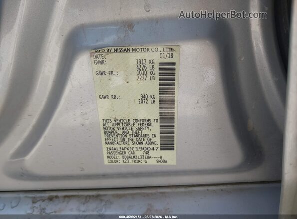 1N4AL3APXJC190047 2018 NISSAN ALTIMA Silver Widok komory silnika