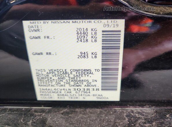 1N4AL4CV4LN303838 2020 NISSAN ALTIMA Black Widok komory silnika