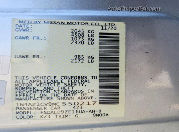 1N4AZ1CV9MC550217 2021 NISSAN LEAF Silver Вид наклейки з VIN-кодом