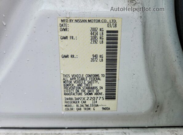 1N4BL3AP2JC220775 2018 NISSAN ALTIMA White Vista de la etiqueta del VIN