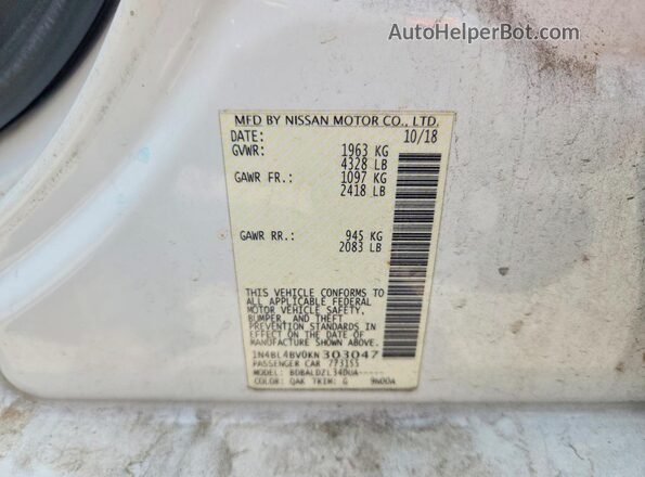 1N4BL4BV0KN303047 2019 NISSAN ALTIMA White ძრავის განყოფილების ხედი