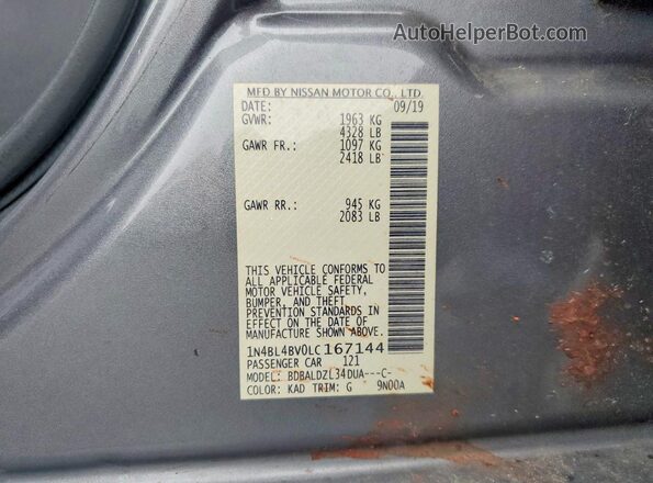 1N4BL4BV0LC167144 2020 NISSAN ALTIMA Серый Вид подкапотного пространства