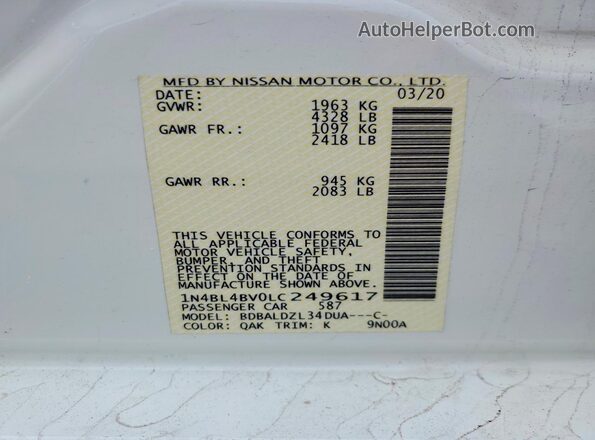 1N4BL4BV0LC249617 2020 NISSAN ALTIMA White Вид наклейки з VIN-кодом
