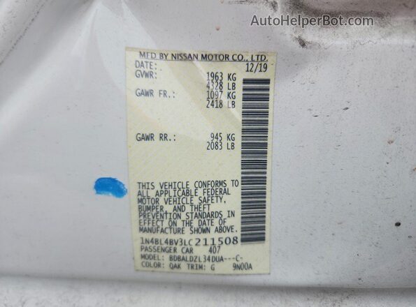 1N4BL4BV3LC211508 2020 NISSAN ALTIMA White Vista de la etiqueta del VIN