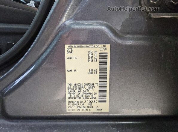 1N4BL4BV3LC220287 2020 NISSAN ALTIMA Gray Вид підкапотного простору