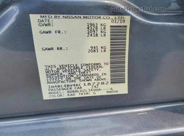 1N4BL4BV4KC187282 2019 NISSAN ALTIMA Угольный Вид наклейки с VIN-кодом