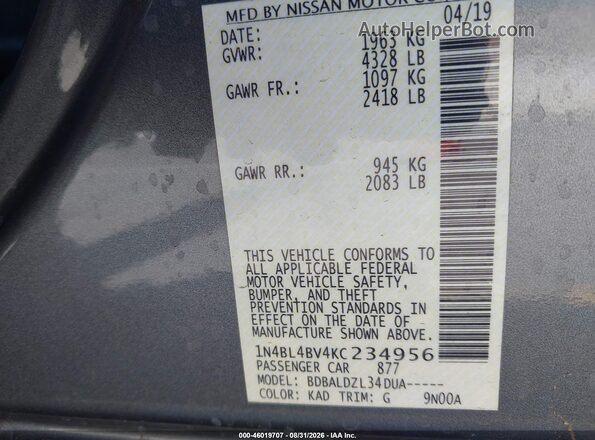 1N4BL4BV4KC234956 2019 NISSAN ALTIMA Серый Вид подкапотного пространства