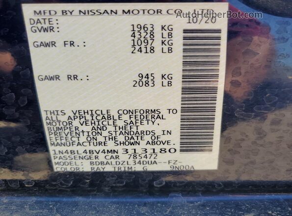 1N4BL4BV4MN313180 2021 NISSAN ALTIMA Blue Vista del compartimento del motor