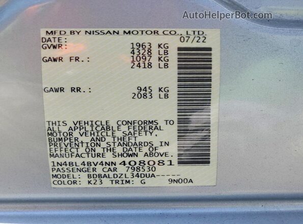 1N4BL4BV4NN408081 2022 NISSAN ALTIMA Silver Vista de la etiqueta del VIN
