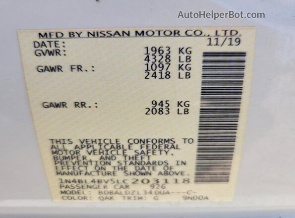1N4BL4BV5LC203118 2020 NISSAN ALTIMA White Vista del compartimento del motor