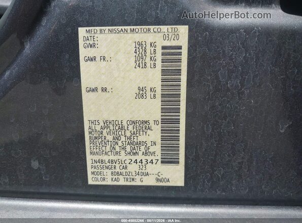1N4BL4BV5LC244347 2020 NISSAN ALTIMA Серый Вид подкапотного пространства