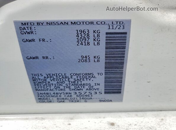 1N4BL4BV5RN357535 2024 NISSAN ALTIMA White Widok naklejki z numerem VIN