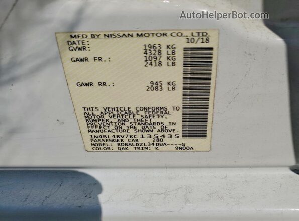 1N4BL4BV7KC135435 2019 NISSAN ALTIMA White VIN sticker view