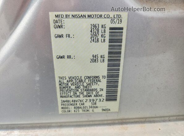 1N4BL4BV7KC239732 2019 NISSAN ALTIMA Серебряный Вид наклейки с VIN-кодом