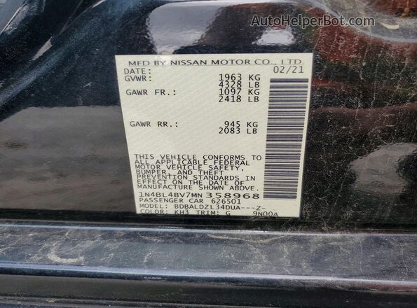 1N4BL4BV7MN358968 2021 NISSAN ALTIMA Black Vista de la etiqueta del VIN