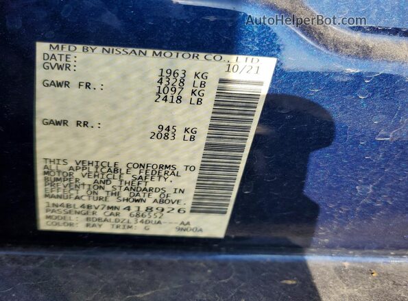 1N4BL4BV7MN418926 2021 NISSAN ALTIMA Синий Вид наклейки с VIN-кодом