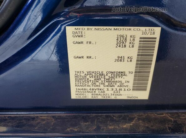 1N4BL4BV9KC131810 2019 NISSAN ALTIMA Black Вид наклейки з VIN-кодом