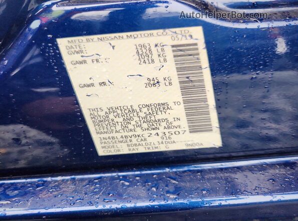 1N4BL4BV9KC243507 2019 NISSAN ALTIMA Blue Vista del compartimento del motor
