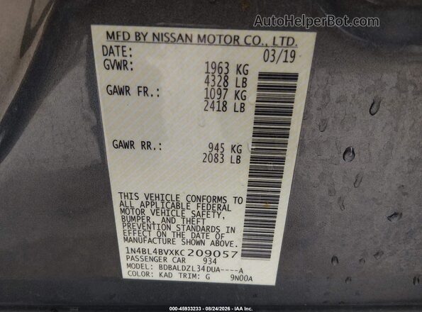 1N4BL4BVXKC209057 2019 NISSAN ALTIMA Gray Շարժիչի բաժամունքի տեսք