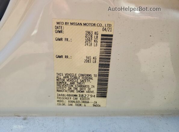 1N4BL4BVXMN382794 2021 NISSAN ALTIMA White VIN sticker view