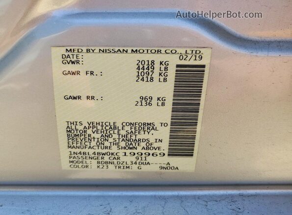 1N4BL4BW0KC199969 2019 NISSAN ALTIMA Silver Вид підкапотного простору