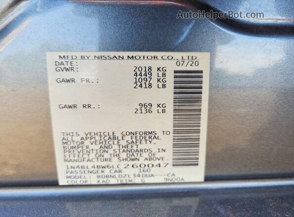 1N4BL4BW6LC260047 2020 NISSAN ALTIMA Gray Widok komory silnika