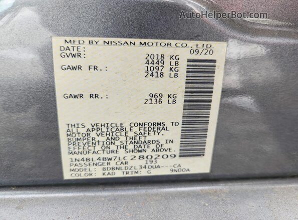 1N4BL4BW7LC280209 2020 NISSAN ALTIMA Gray Widok komory silnika