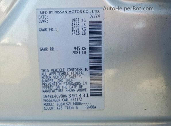 1N4BL4CV0RN391431 2024 NISSAN ALTIMA Silver Вид підкапотного простору