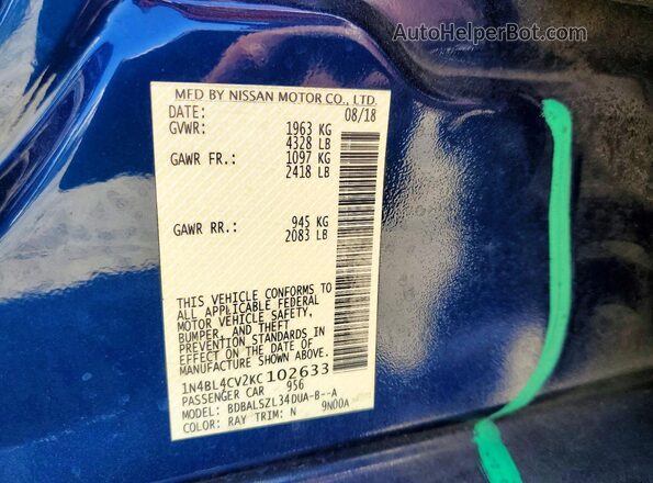 1N4BL4CV2KC102633 2019 NISSAN ALTIMA Синий Вид подкапотного пространства