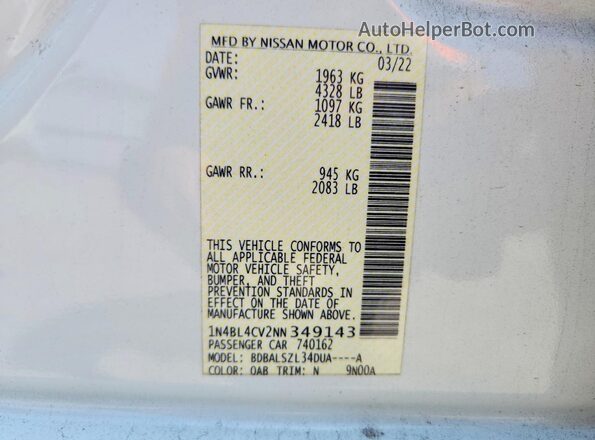 1N4BL4CV2NN349143 2022 NISSAN ALTIMA White Vista del compartimento del motor