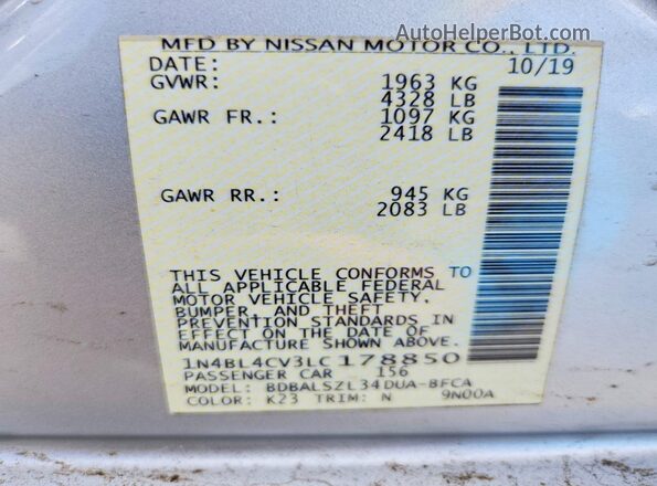 1N4BL4CV3LC178850 2020 NISSAN ALTIMA Gray Вид підкапотного простору