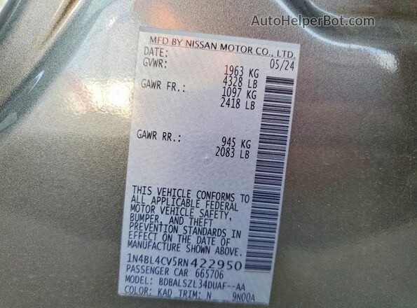 1N4BL4CV5RN422950 2024 NISSAN ALTIMA Серый Вид наклейки с VIN-кодом
