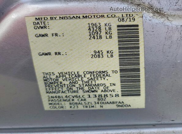 1N4BL4CV6LC138858 2020 NISSAN ALTIMA Silver Вид підкапотного простору
