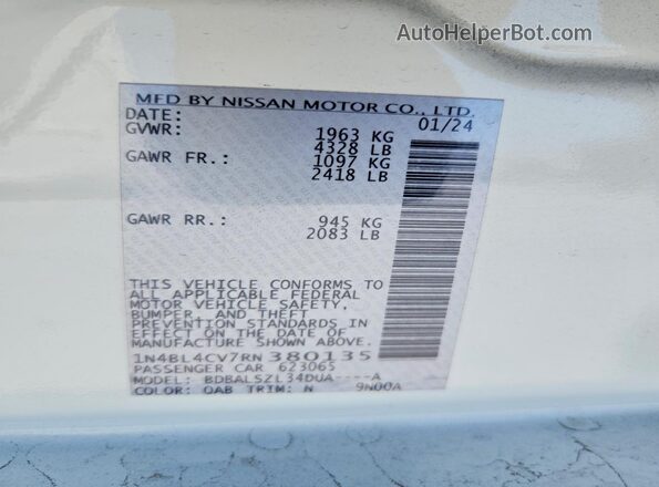 1N4BL4CV7RN380135 2024 NISSAN ALTIMA White VIN կոդի պիտակի տեսք