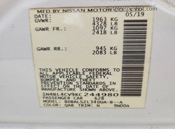 1N4BL4CV9KC244980 2019 NISSAN ALTIMA White Вид підкапотного простору