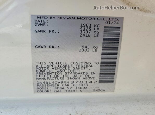1N4BL4CV9RN370142 2024 NISSAN ALTIMA White VIN կոդի պիտակի տեսք